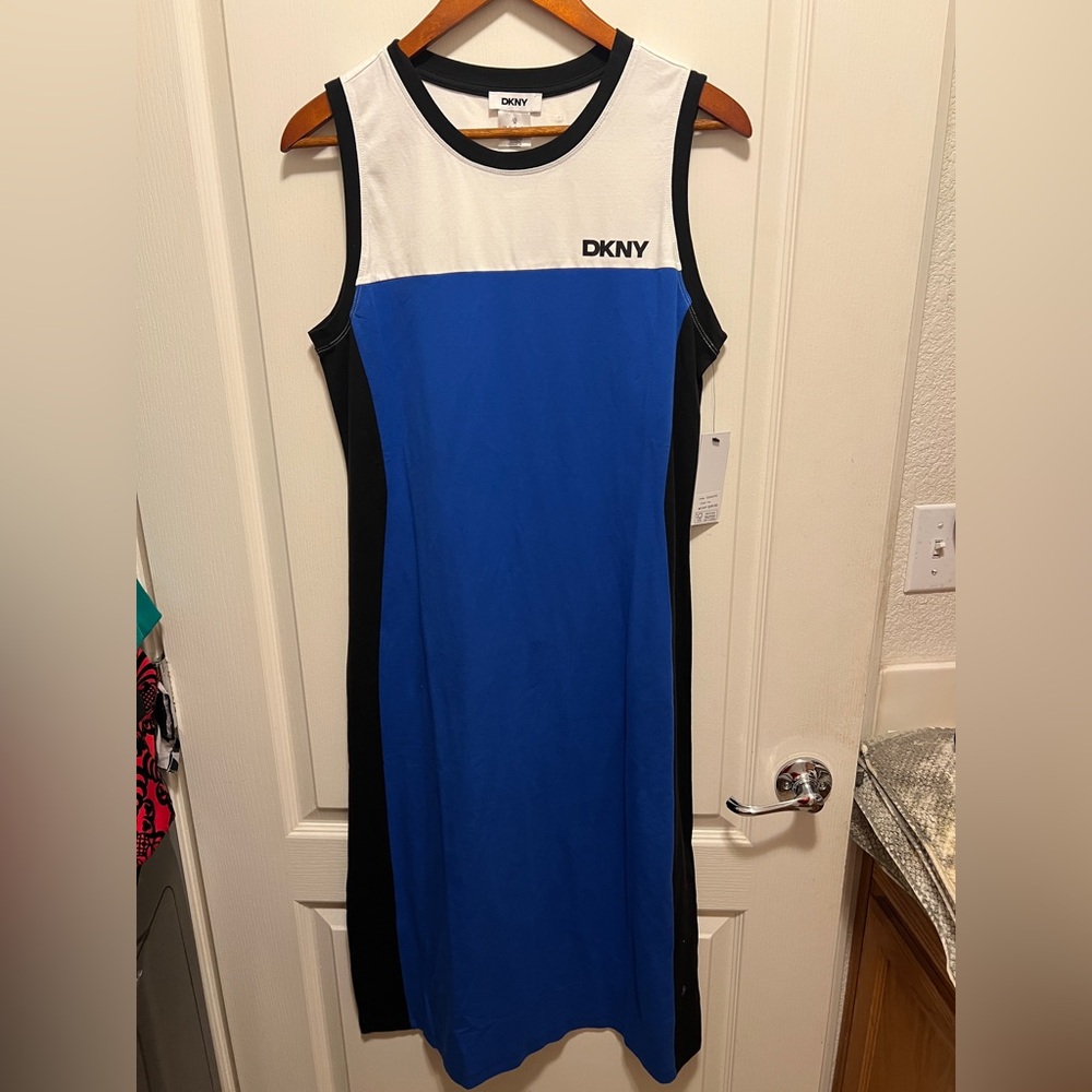 dkny blue and white dress Sleeveless Sheath Y2K Style Its removable belt creates Size:13M Maxi dress Cat Eye Homieasy Dresser with Clothes